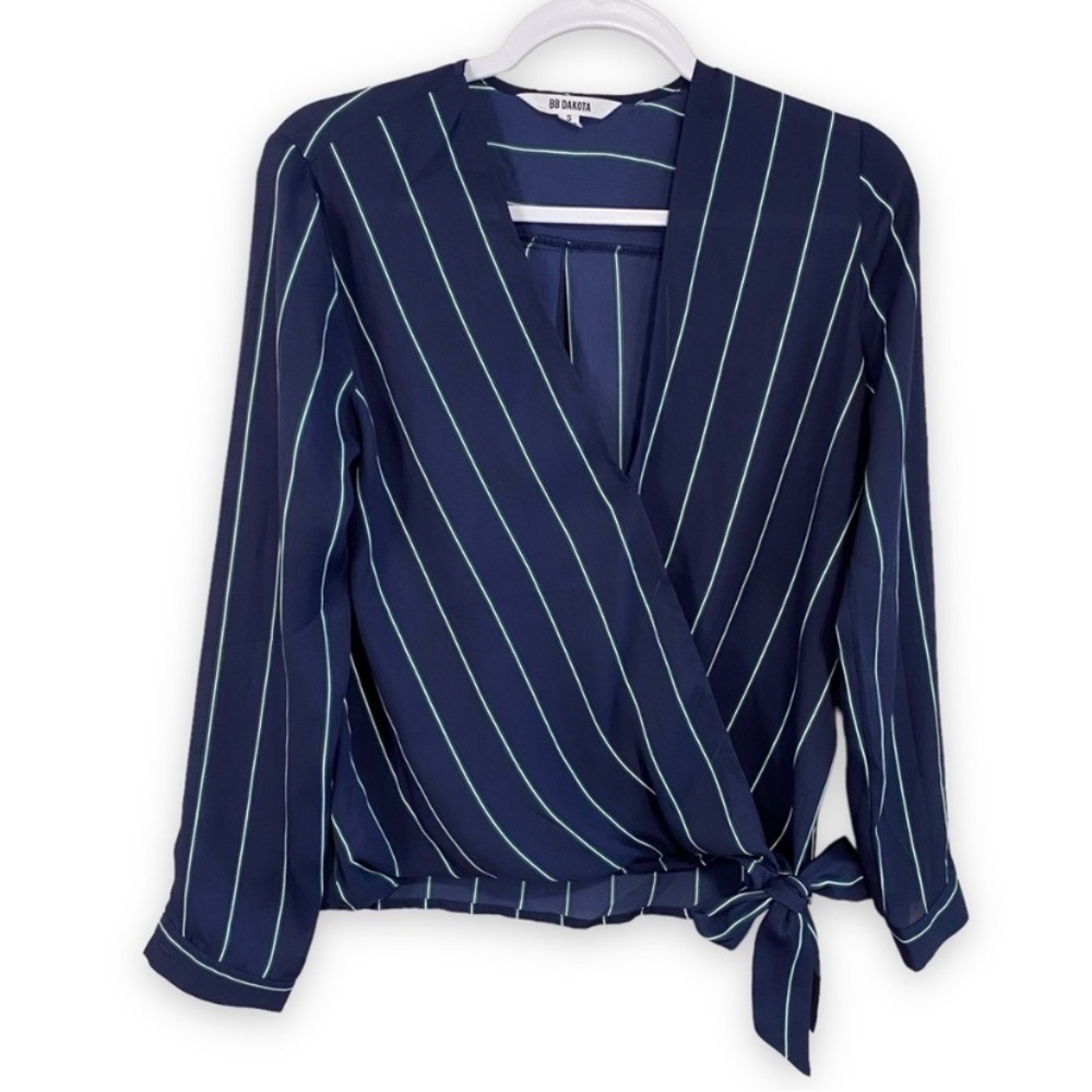 BB Dakota - Navy Stripe Faux Wrap Blouse - S - China